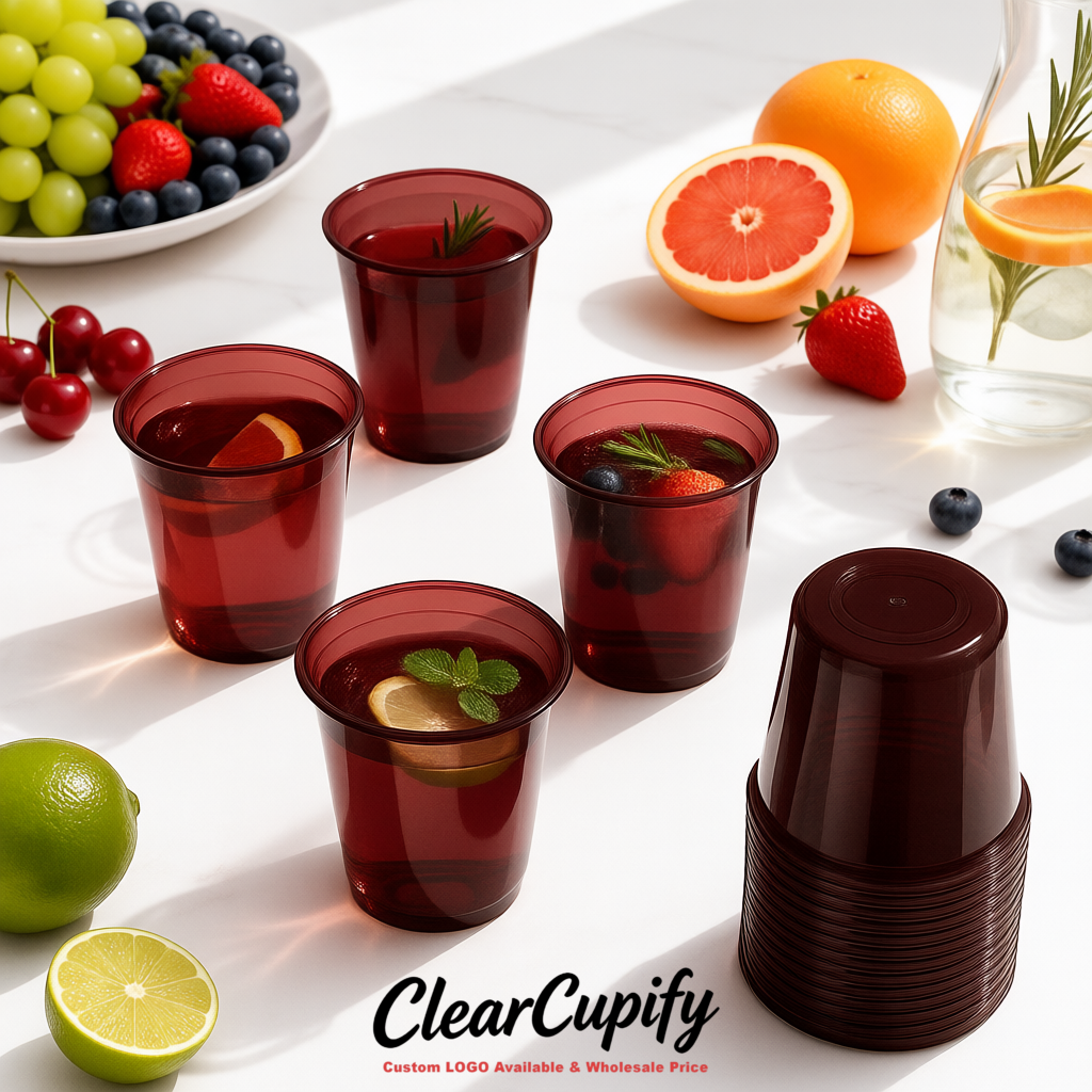 Burgundy U-shaped Cup with Round Bottom: Stackable & Disposable Plastic Cup