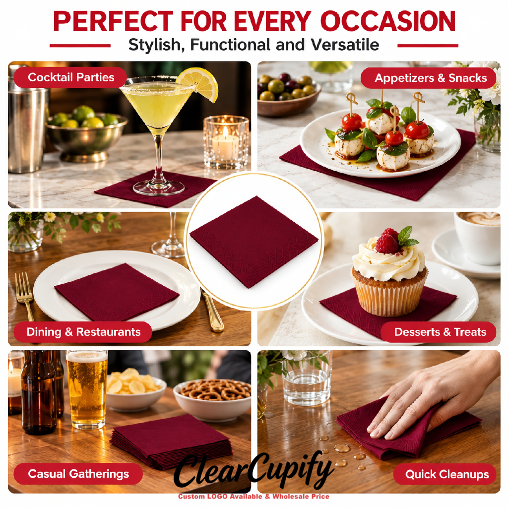 Burgundy Napkins Paper 4.5x4.5 Inch Disposable 2-Ply Cocktail Napkins Factory