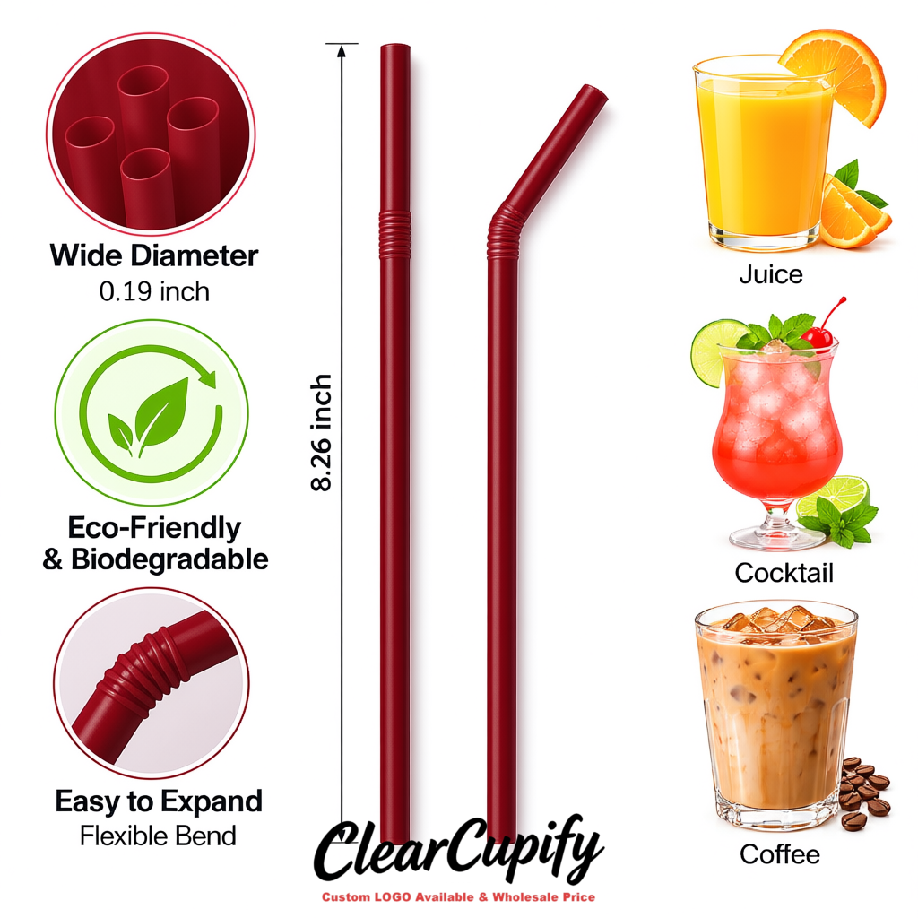 Burgundy Plastic Straws 8.26 x 0.2 inch Flexible Bendy Disposable Drinking Straws Supplier