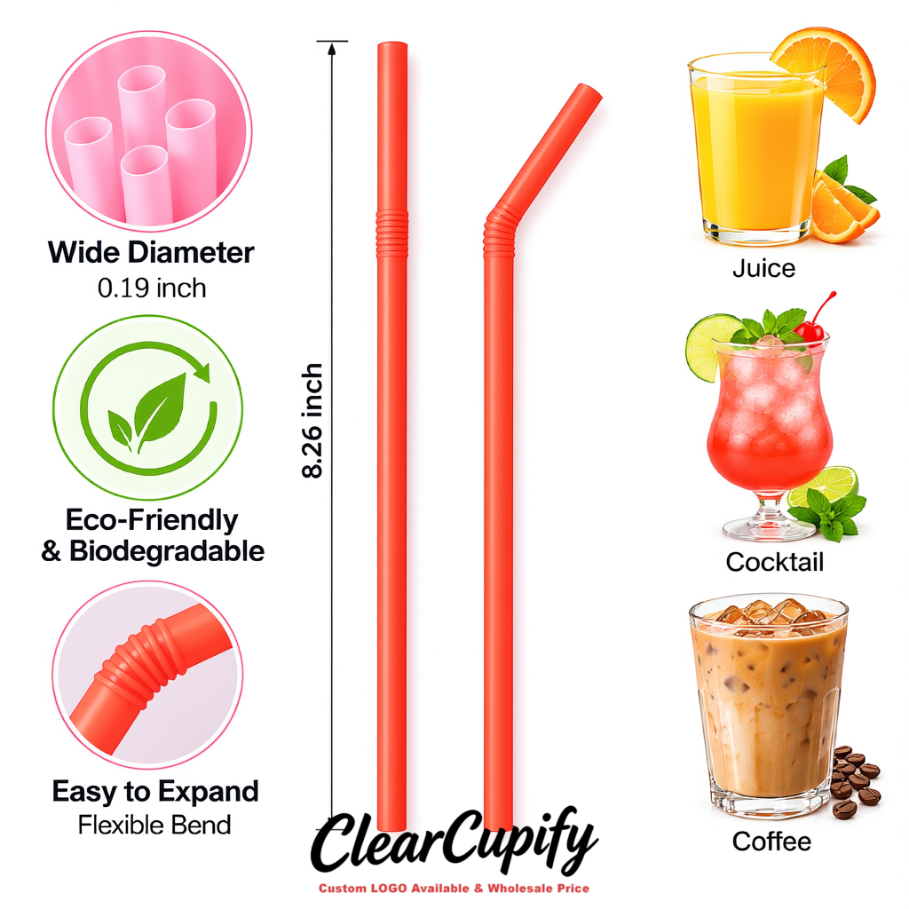 Coral Plastic Straws 8.26 x 0.2 inch Flexible Bendy Disposable Drinking Straws Supplier