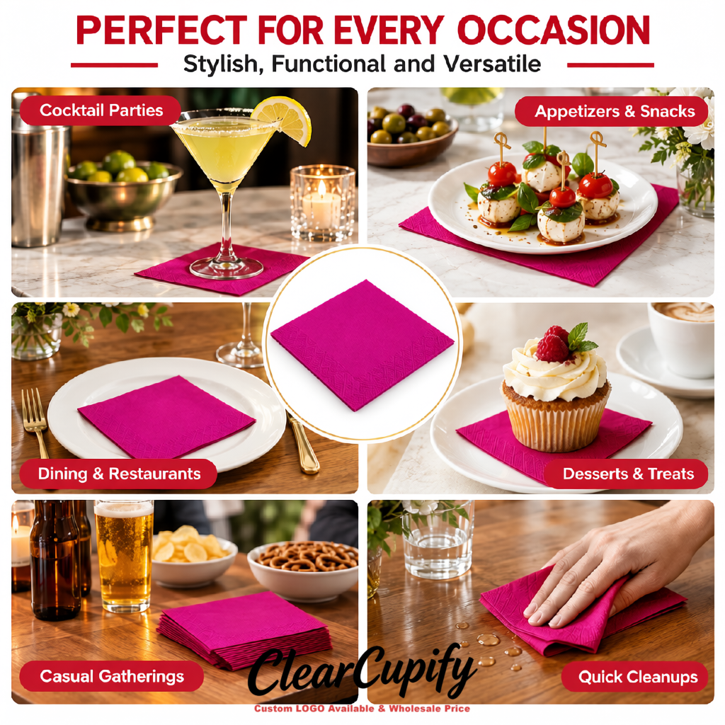 Fuchsia Napkins Paper 4.5x4.5 Inch Disposable 2-Ply Cocktail Napkins Factory