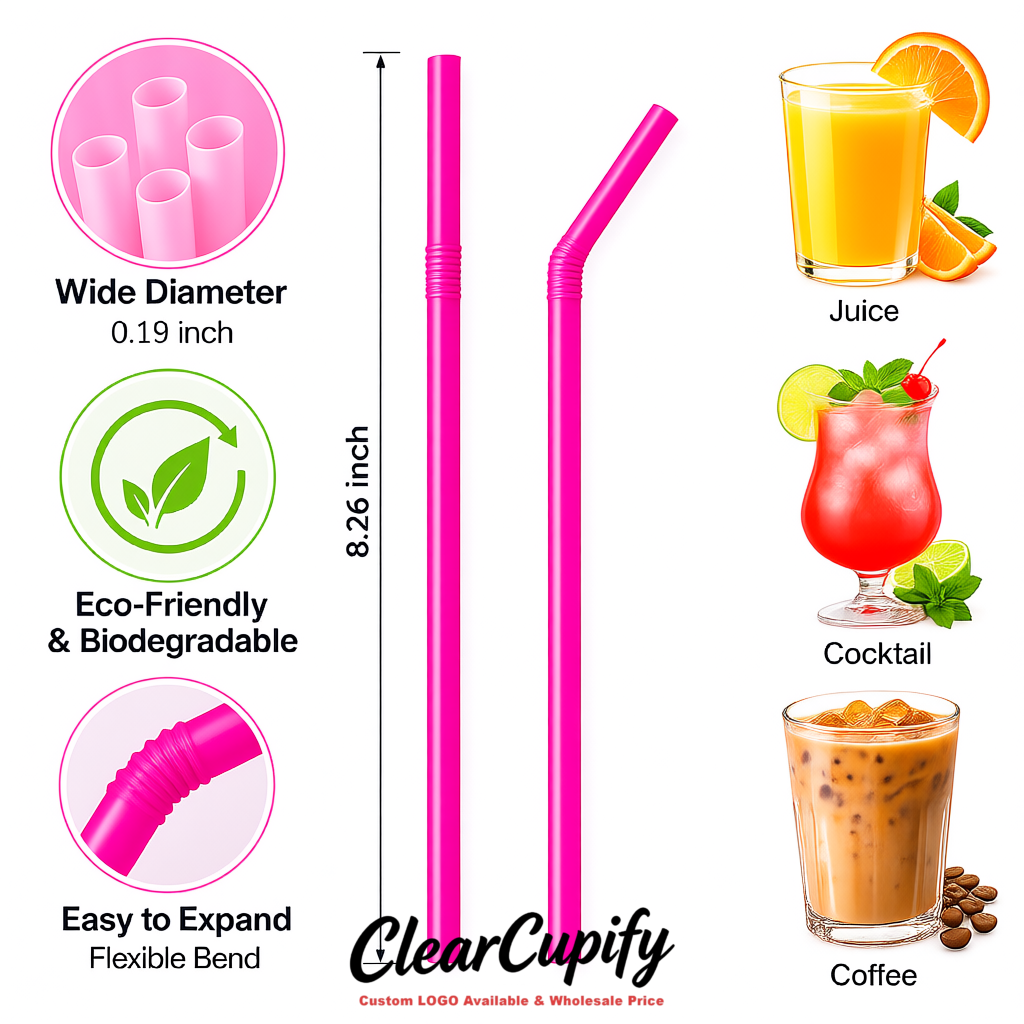 Fuchsia Plastic Straws 8.26 x 0.2 inch Flexible Bendy Disposable Drinking Straws Supplier