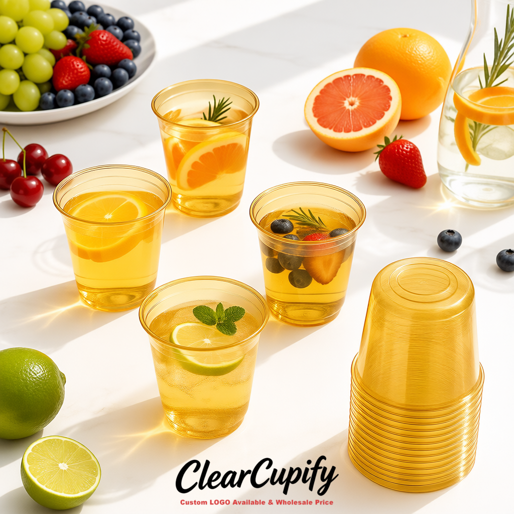 Gold U-shaped Cup with Round Bottom: Stackable & Disposable Plastic Cup Gold U-shaped Cup with Round Bottom: Stackable & Disposable Plastic Cup