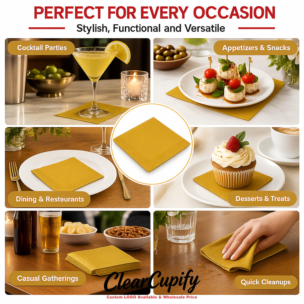 Gold Napkins Paper 4.5x4.5 Inch Disposable 2-Ply Cocktail Napkins Factory