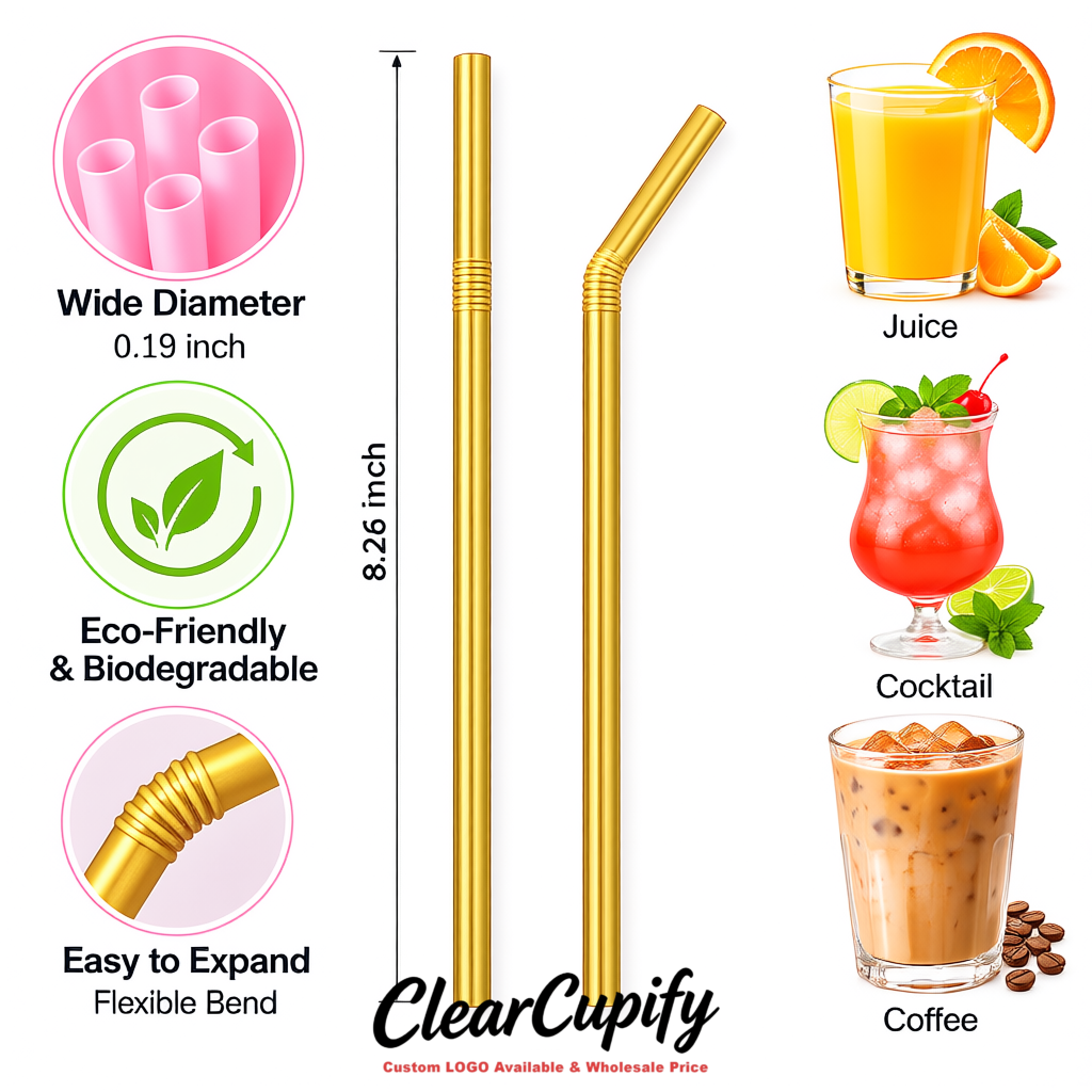 Gold Plastic Straws 8.26 x 0.2 inch Flexible Bendy Disposable Drinking Straws Supplier