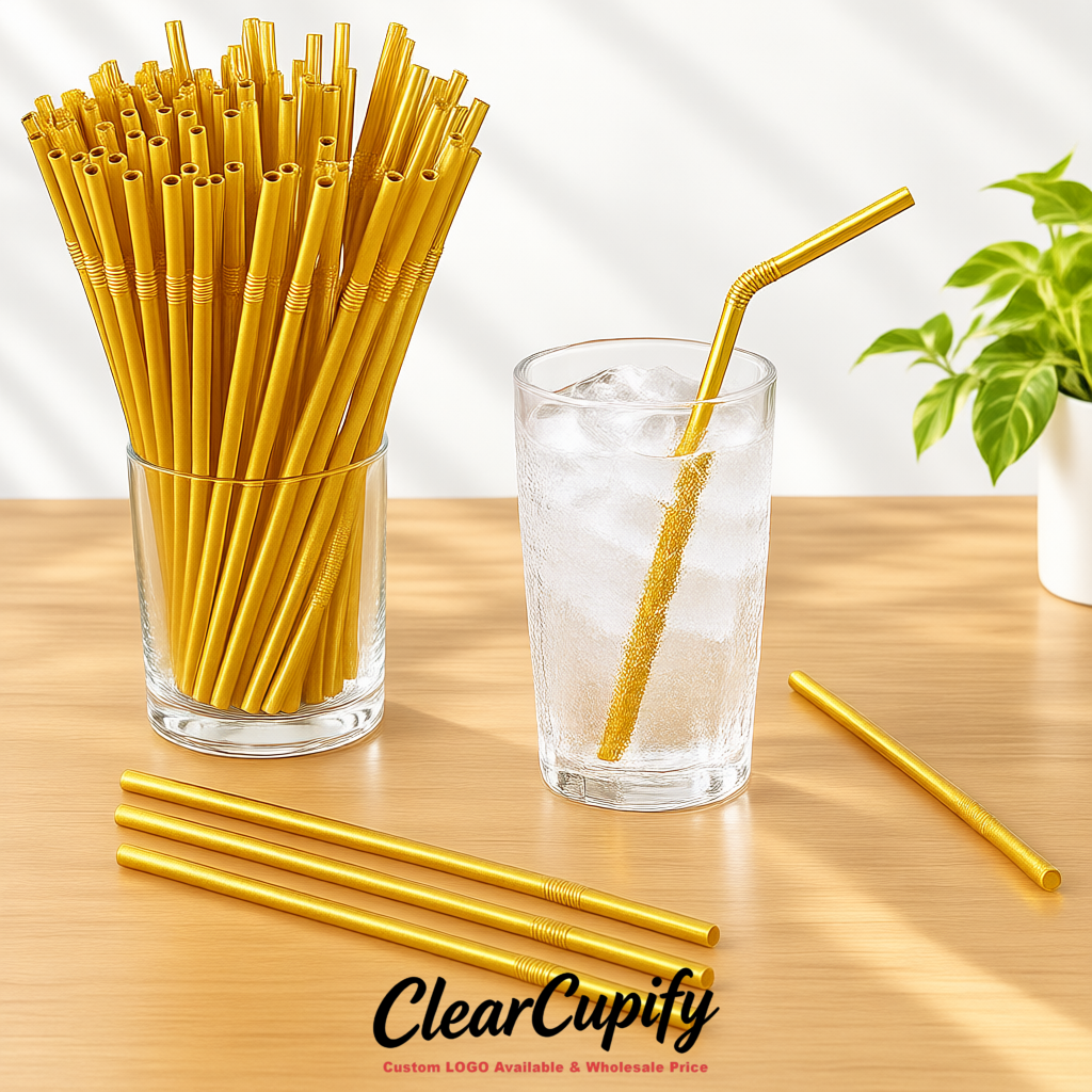 Gold Plastic Straws 8.26 x 0.2 inch Flexible Bendy Disposable Drinking Straws Supplier