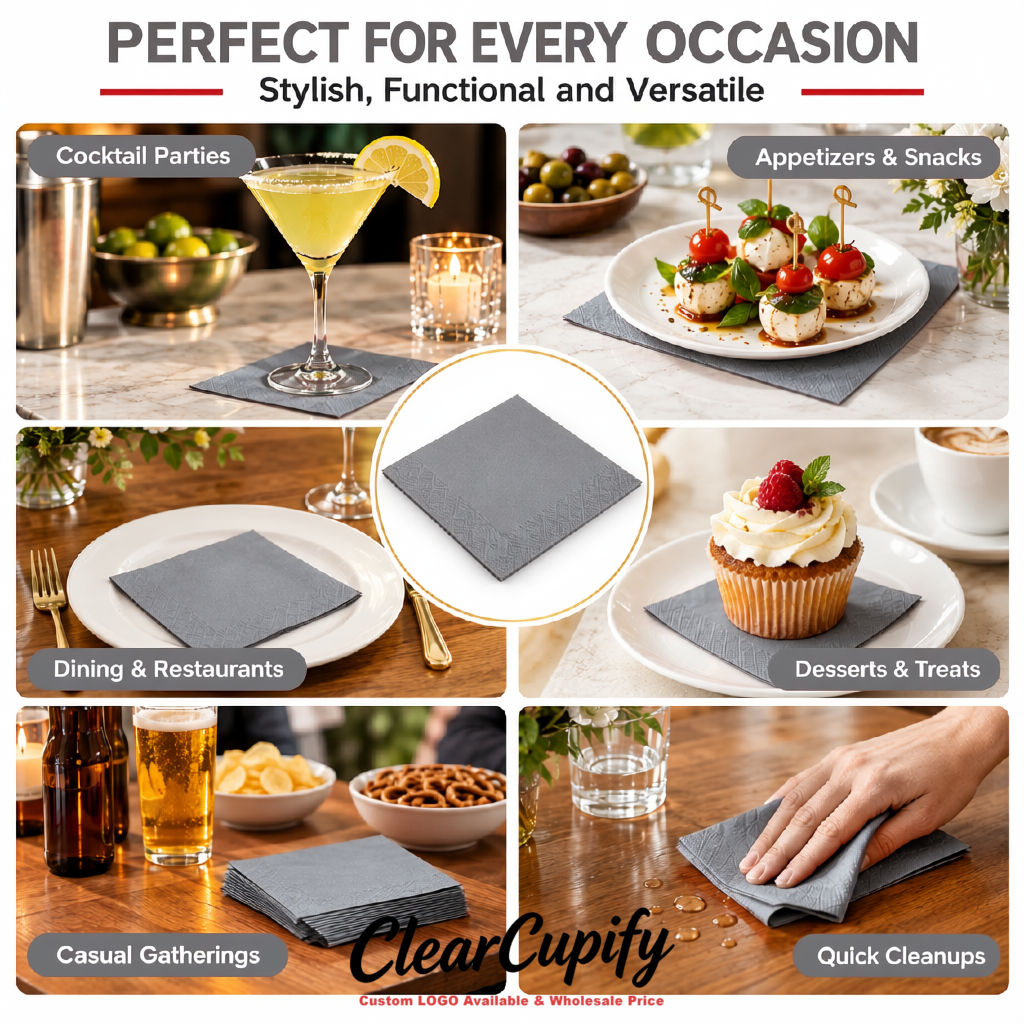 Gray Napkins Paper 4.5x4.5 Inch Disposable 2-Ply Cocktail Napkins Factory
