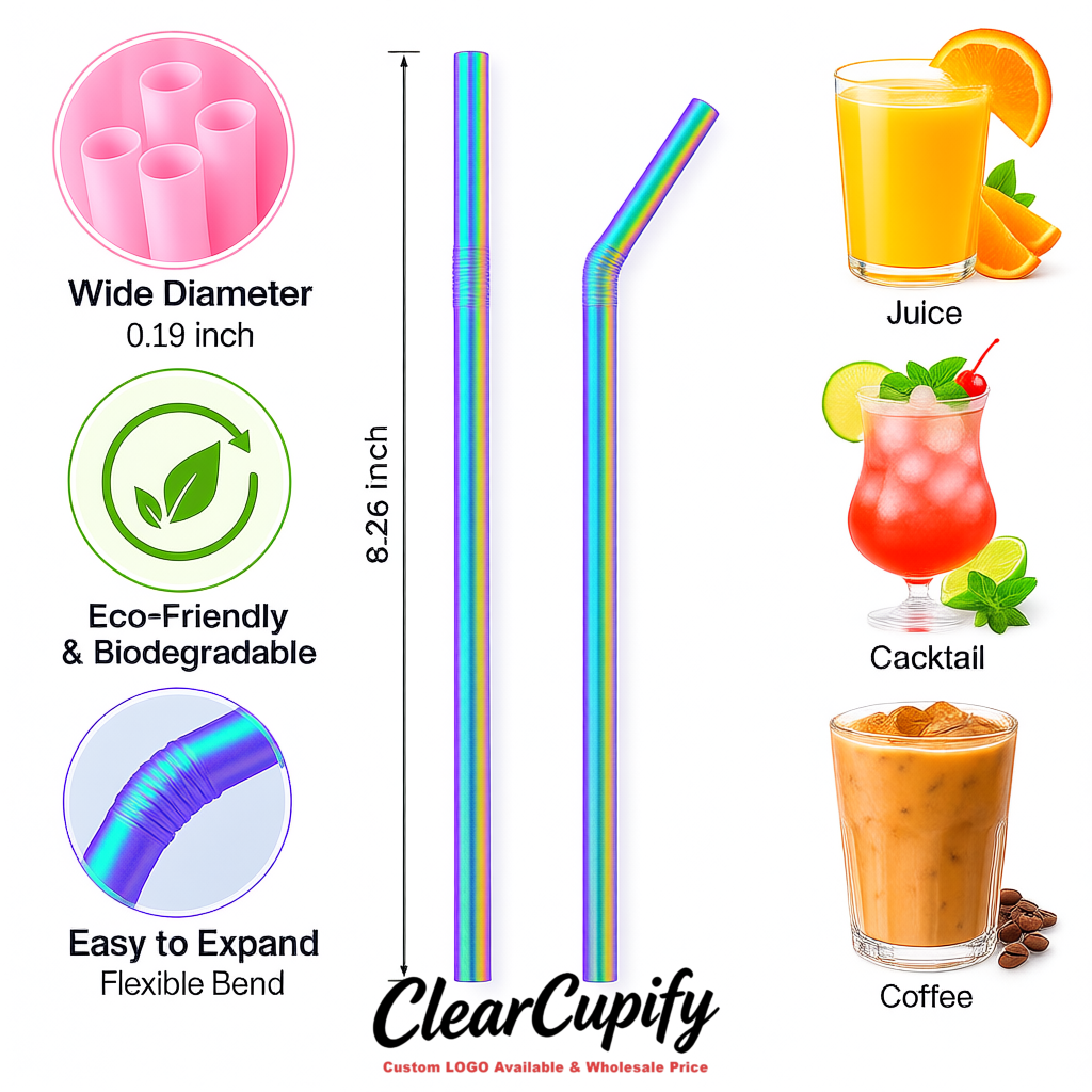 Holographic Plastic Straws 8.26 x 0.2 inch Flexible Bendy Disposable Drinking Straws Supplier