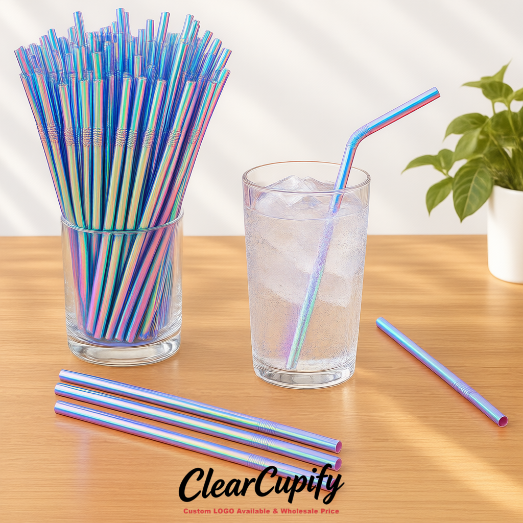 Holographic Plastic Straws 8.26 x 0.2 inch Flexible Bendy Disposable Drinking Straws Supplier
