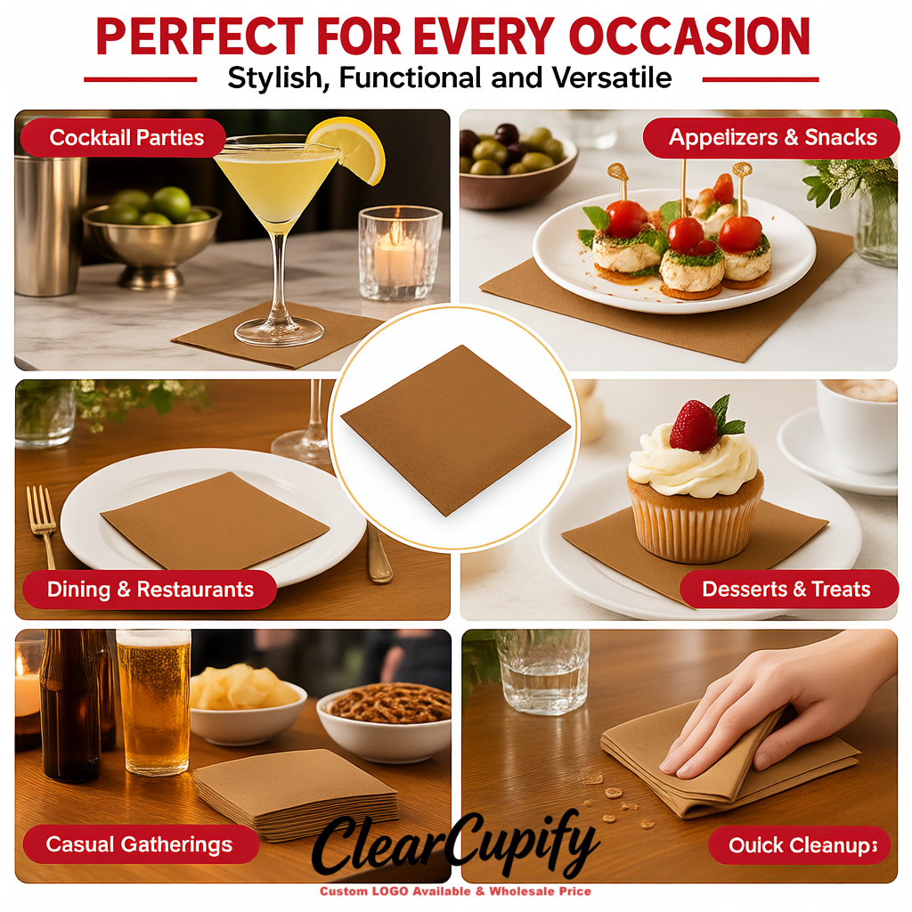 Kraft Brown Napkins Paper 4.5x4.5 Inch Disposable 2-Ply Cocktail Napkins Factory