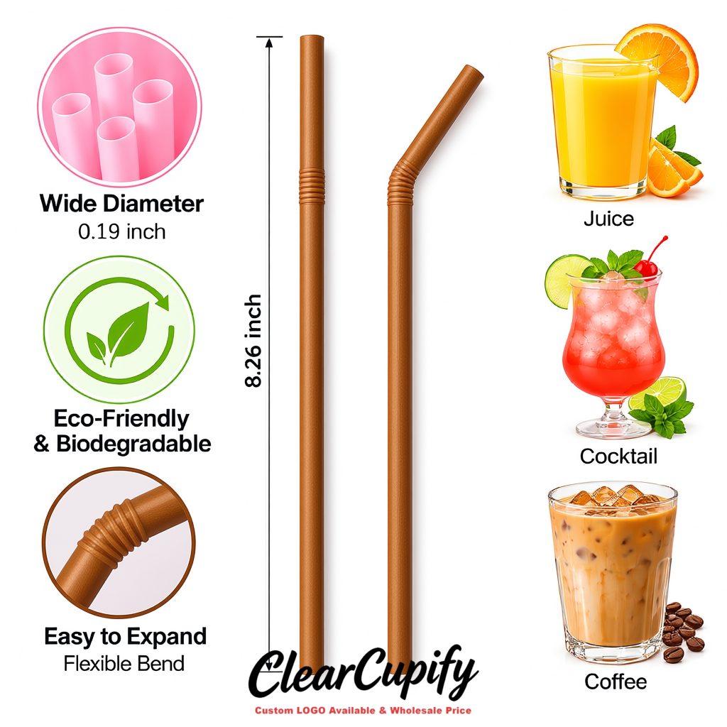 Kraft Brown Plastic Straws 8.26 x 0.2 inch Flexible Bendy Disposable Drinking Straws Supplier