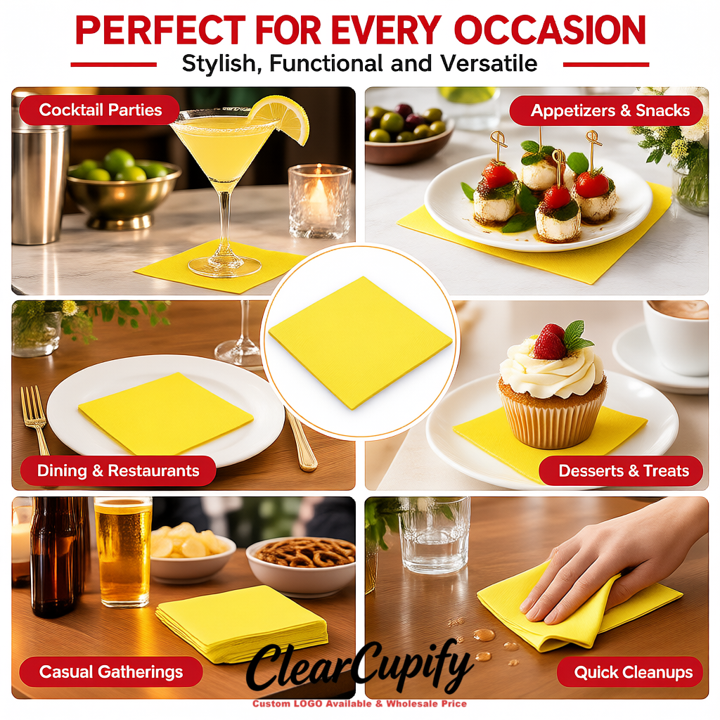 Lemon Yellow Napkins Paper 4.5x4.5 Inch Disposable 2-Ply Cocktail Napkins Factory