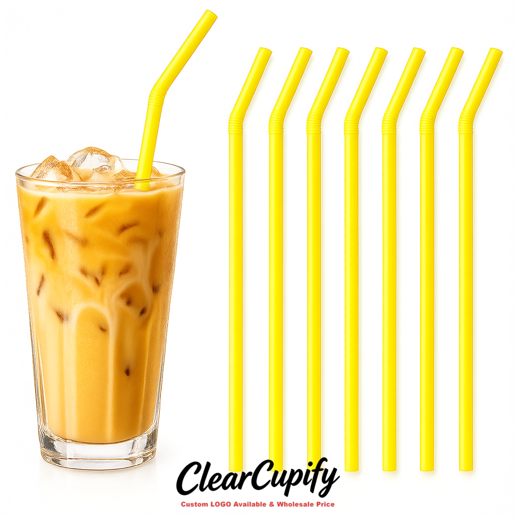 Lemon Yellow Plastic Straws 8.26 x 0.2 inch Flexible Bendy Disposable Drinking Straws Supplier