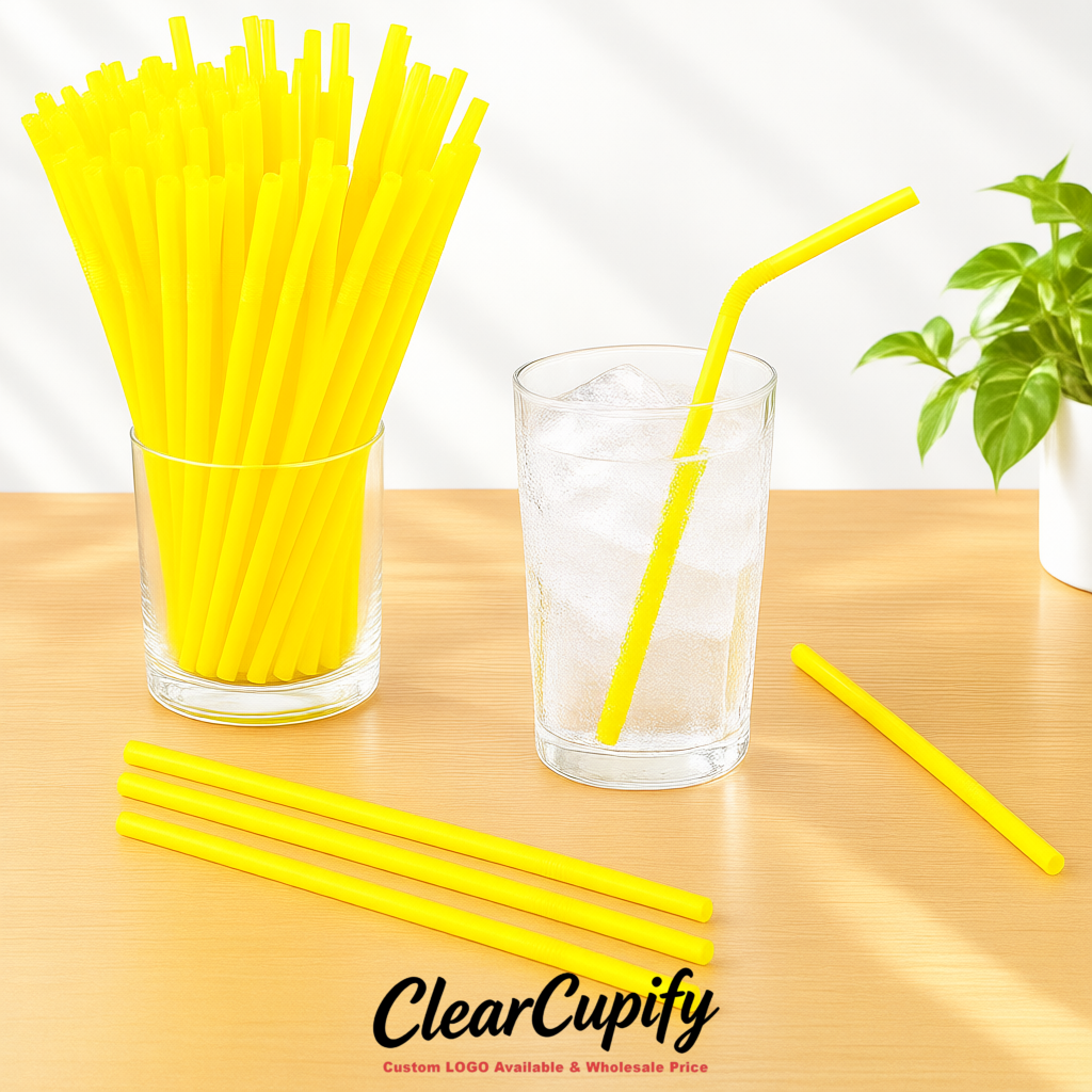 Lemon Yellow Plastic Straws 8.26 x 0.2 inch Flexible Bendy Disposable Drinking Straws Supplier