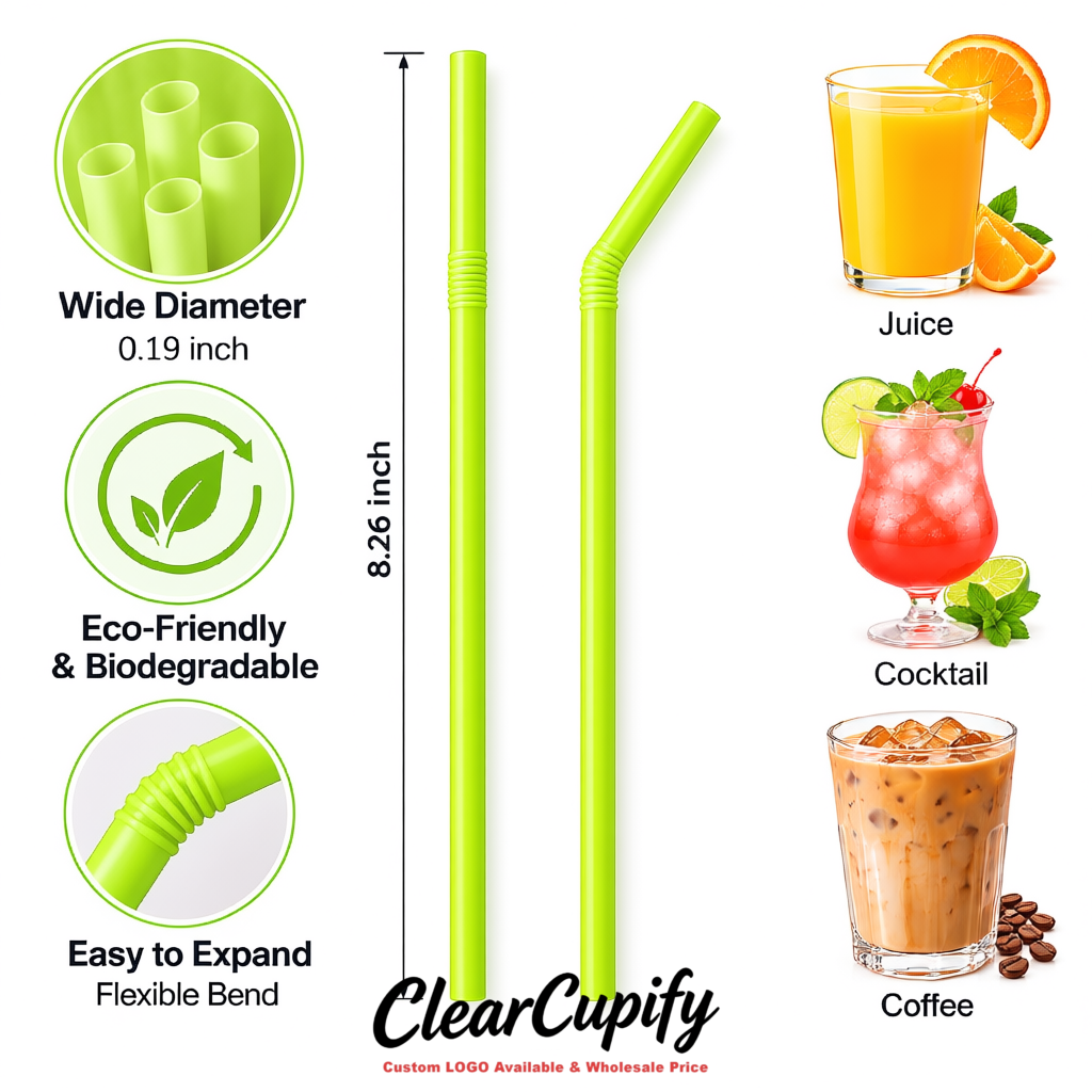 Lime Green Plastic Straws 8.26 x 0.2 inch Flexible Bendy Disposable Drinking Straws Supplier