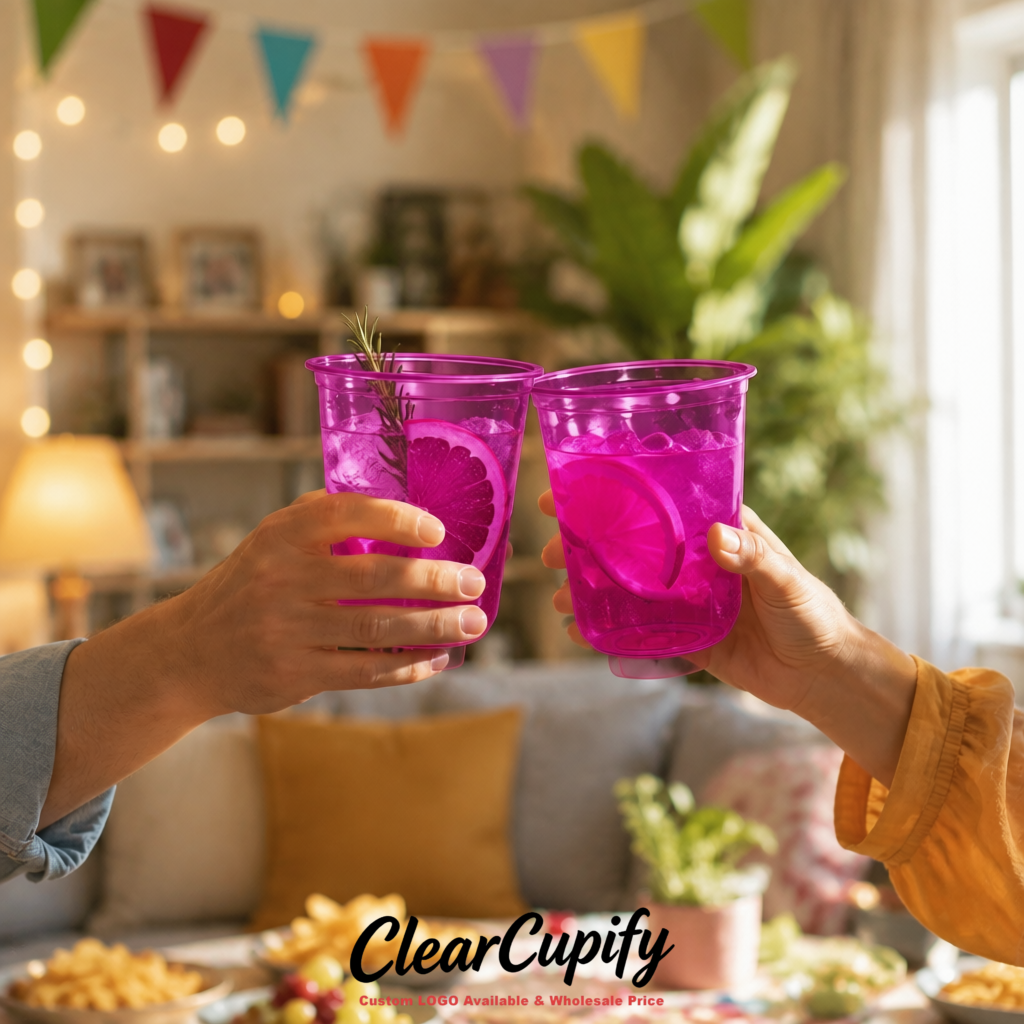 Magenta U-shaped Cup with Round Bottom: Stackable & Disposable Plastic Cup