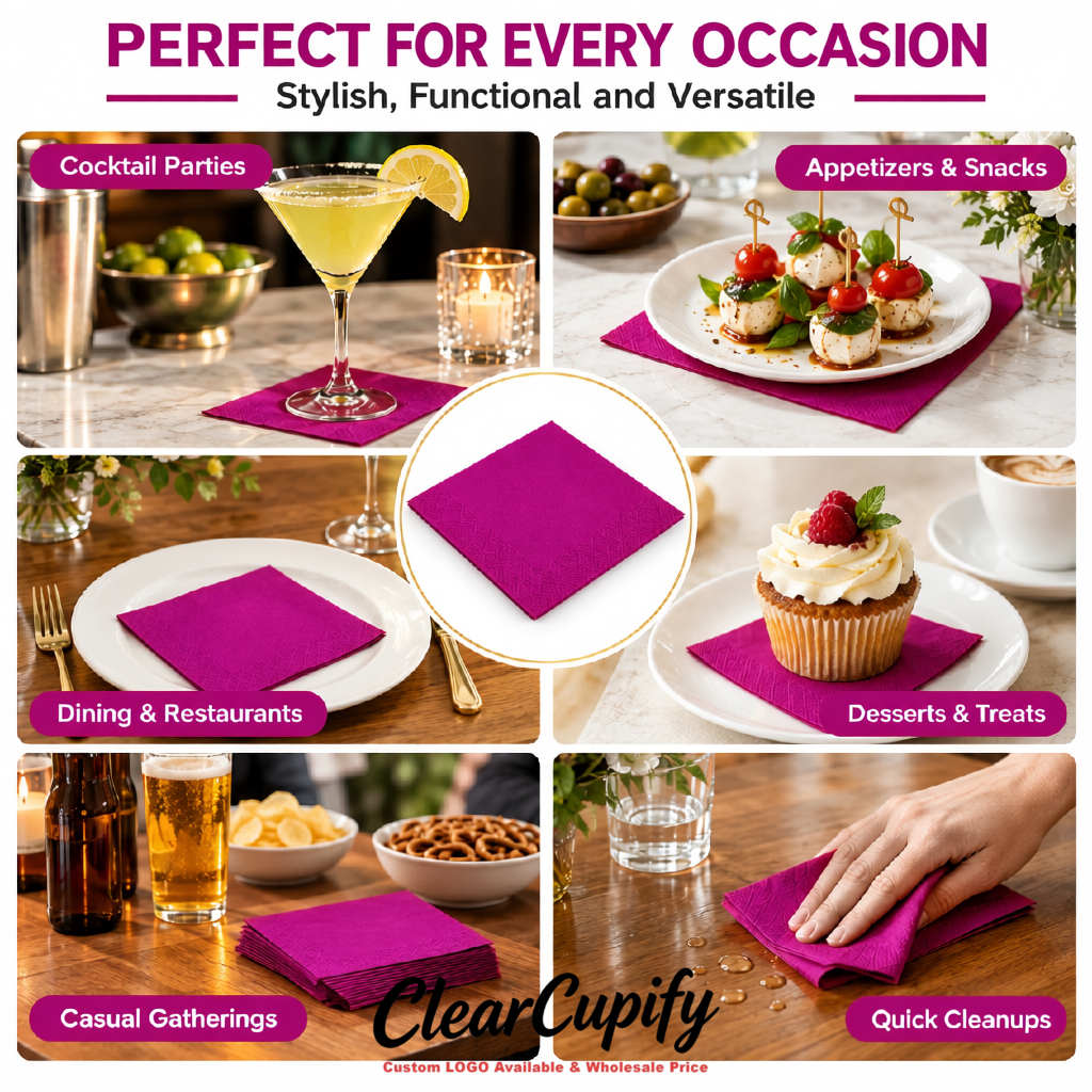 Magenta Napkins Paper 4.5x4.5 Inch Disposable 2-Ply Cocktail Napkins Factory