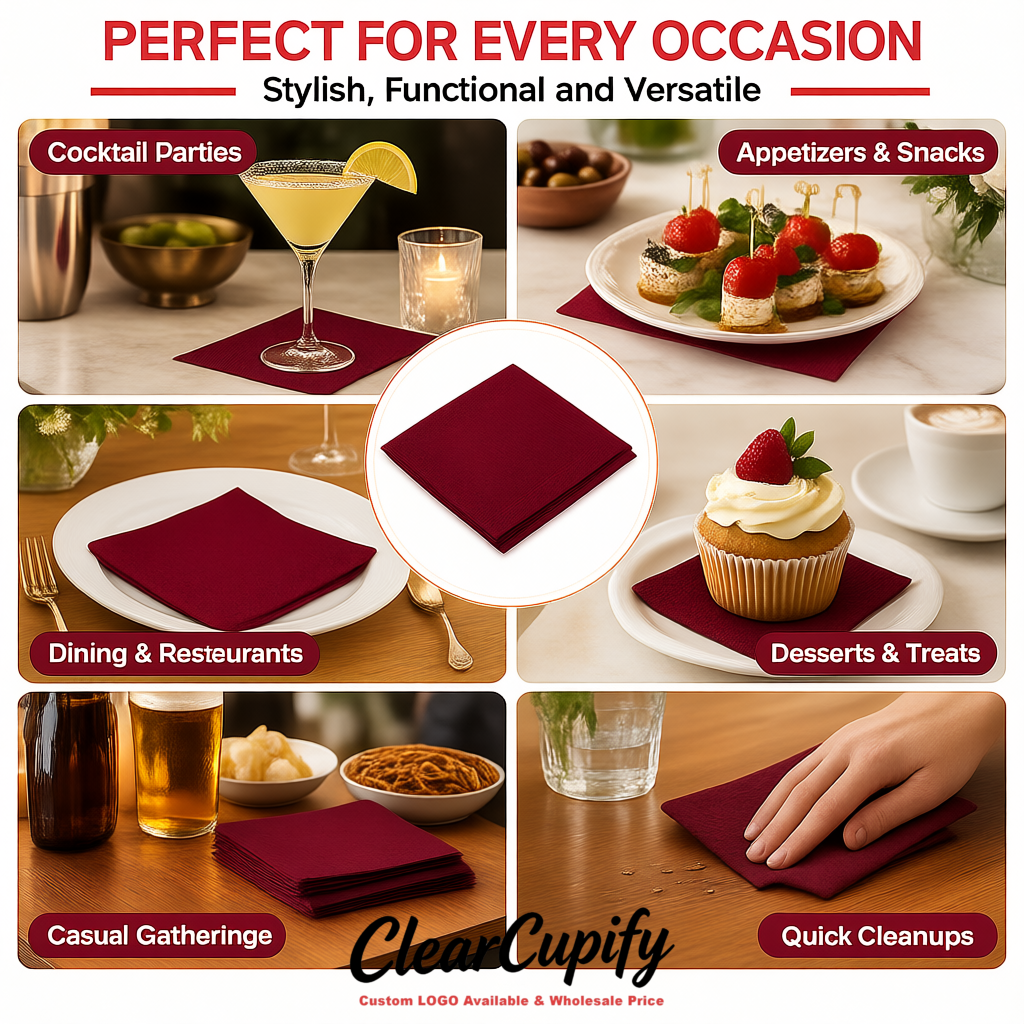 Maroon Napkins Paper 4.5x4.5 Inch Disposable 2-Ply Cocktail Napkins Factory