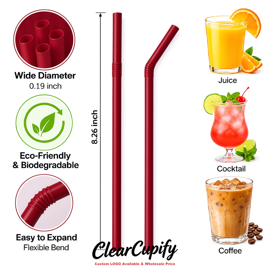 Maroon Plastic Straws 8.26 x 0.2 inch Flexible Bendy Disposable Drinking Straws Supplier