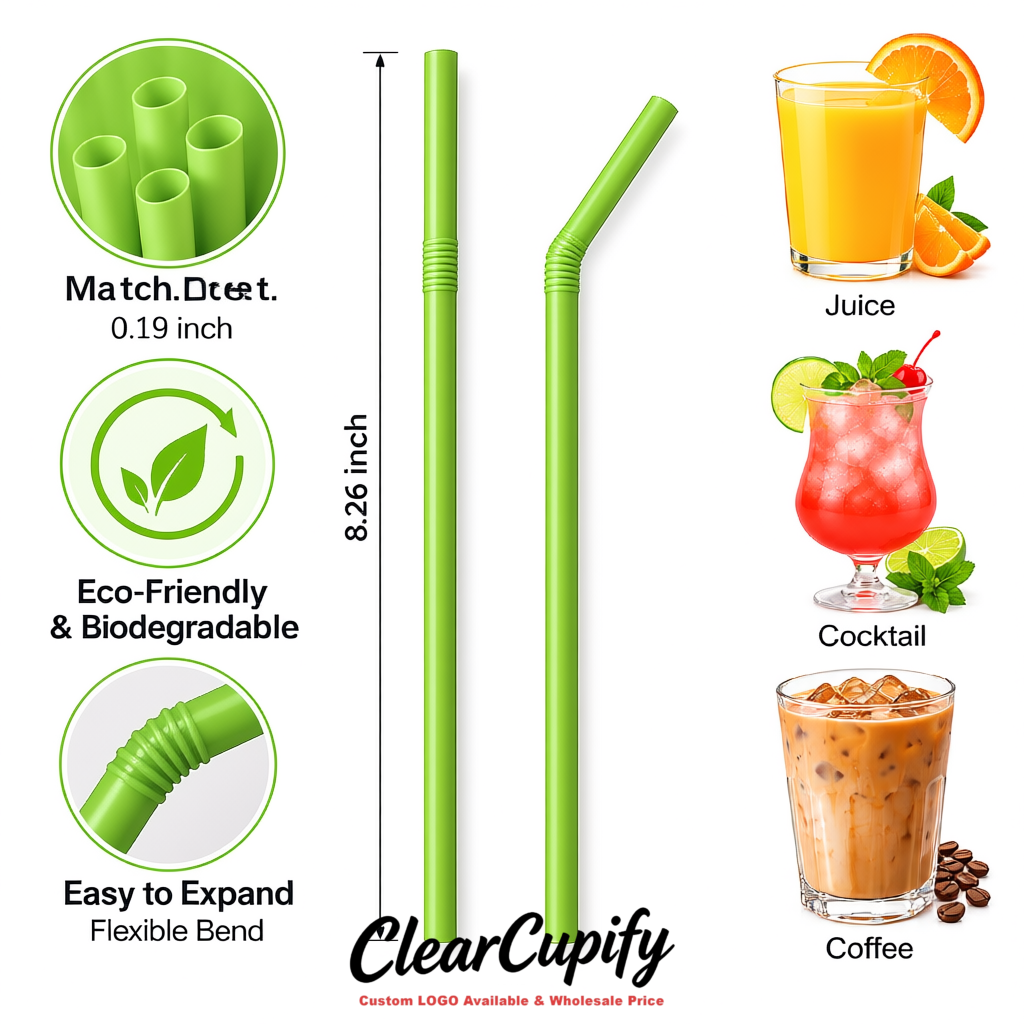 Matcha Green Plastic Straws 8.26 x 0.2 inch Flexible Bendy Disposable Drinking Straws Supplier