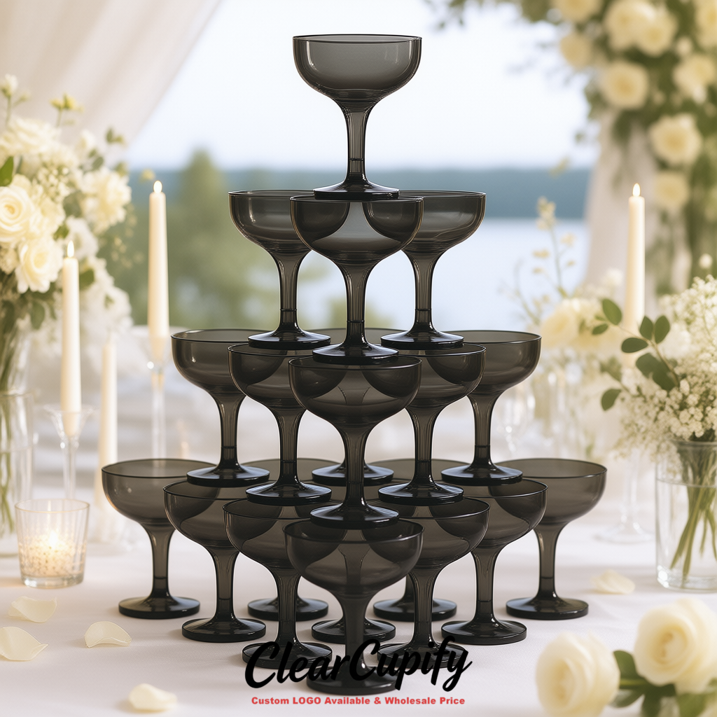 Matte Black 5oz Stackable Plastic Martini Glasses 4.13x3.14 inches/10.5x8 cm For Champagne Tower