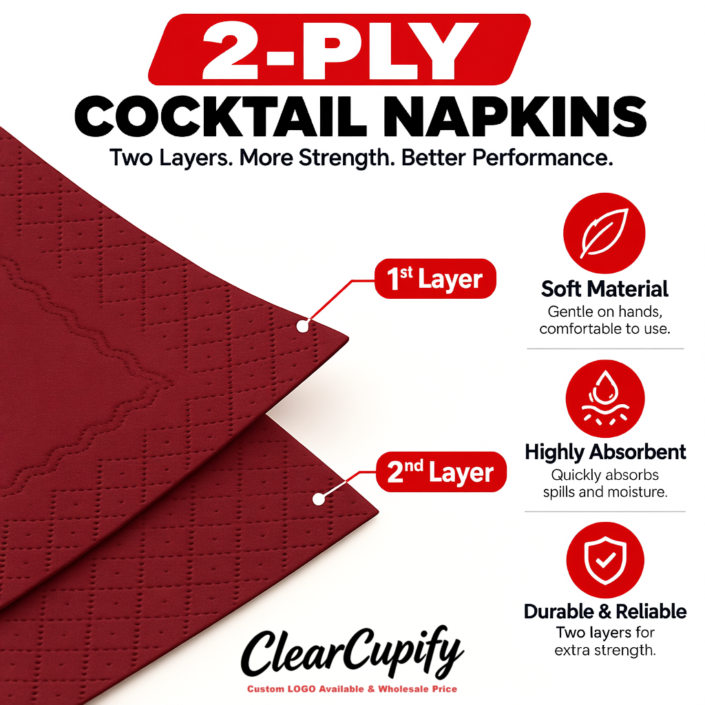 Matte Red Napkins Paper 4.5x4.5 Inch Disposable 2-Ply Cocktail Napkins Factory