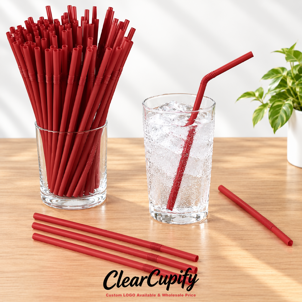 Matte Red Plastic Straws 8.26 x 0.2 inch Flexible Bendy Disposable Drinking Straws Supplier