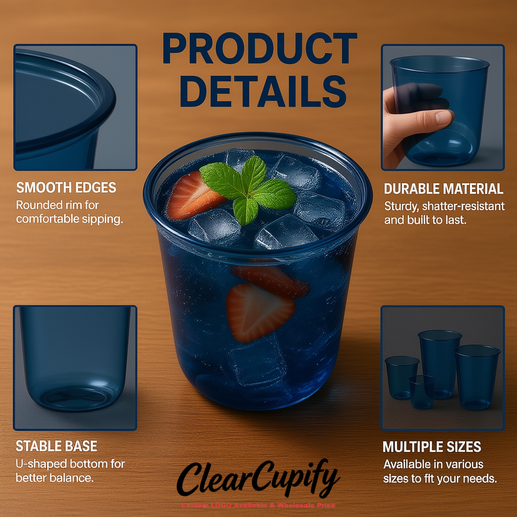 Navy Blue U-shaped Cup with Round Bottom: Stackable & Disposable Plastic Cup