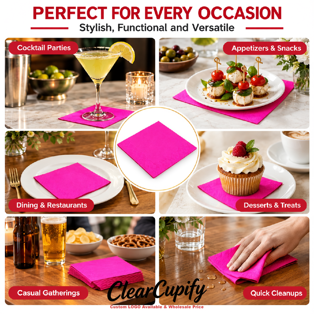 Neon Pink Napkins Paper 4.5x4.5 Inch Disposable 2-Ply Cocktail Napkins Factory