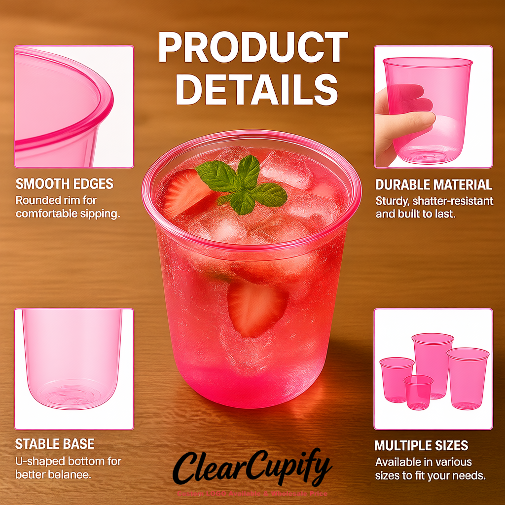 Neon Pink U-shaped Cup with Round Bottom: Stackable & Disposable Plastic Cup