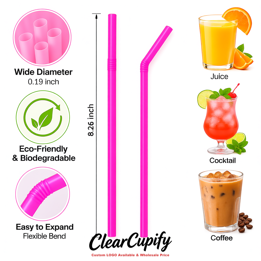 Neon Pink Plastic Straws 8.26 x 0.2 inch Flexible Bendy Disposable Drinking Straws Supplier