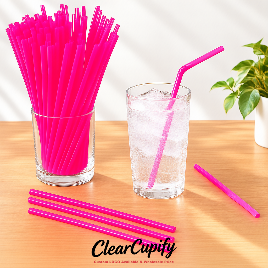 Neon Pink Plastic Straws 8.26 x 0.2 inch Flexible Bendy Disposable Drinking Straws Supplier