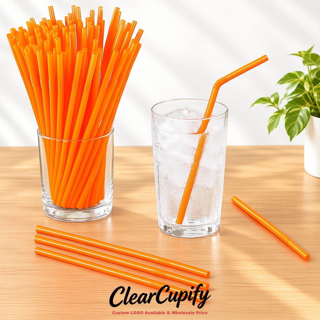 Orange Plastic Straws 8.26 x 0.2 inch Flexible Bendy Disposable Drinking Straws Supplier