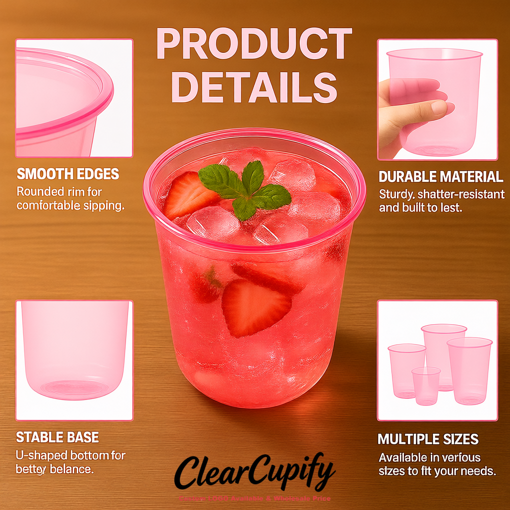 Pink U-shaped Cup with Round Bottom: Stackable & Disposable Plastic Cup