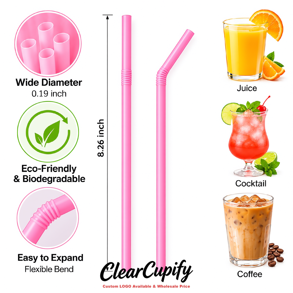 Pink Plastic Straws 8.26 x 0.2 inch Flexible Bendy Disposable Drinking Straws Supplier Pink Plastic Straws 8.26 x 0.2 inch Flexible Bendy Disposable Drinking Straws Supplier