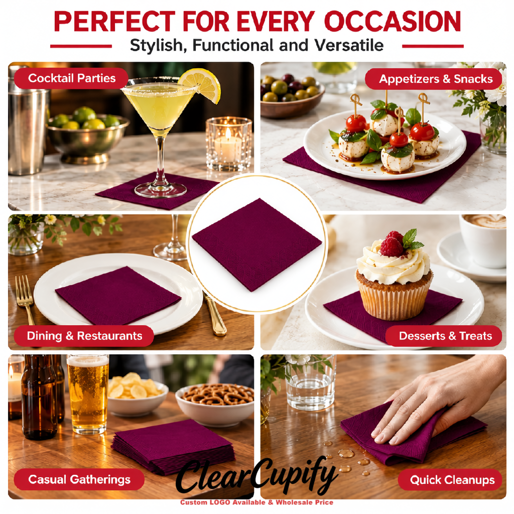 Plum Napkins Paper 4.5x4.5 Inch Disposable 2-Ply Cocktail Napkins Factory