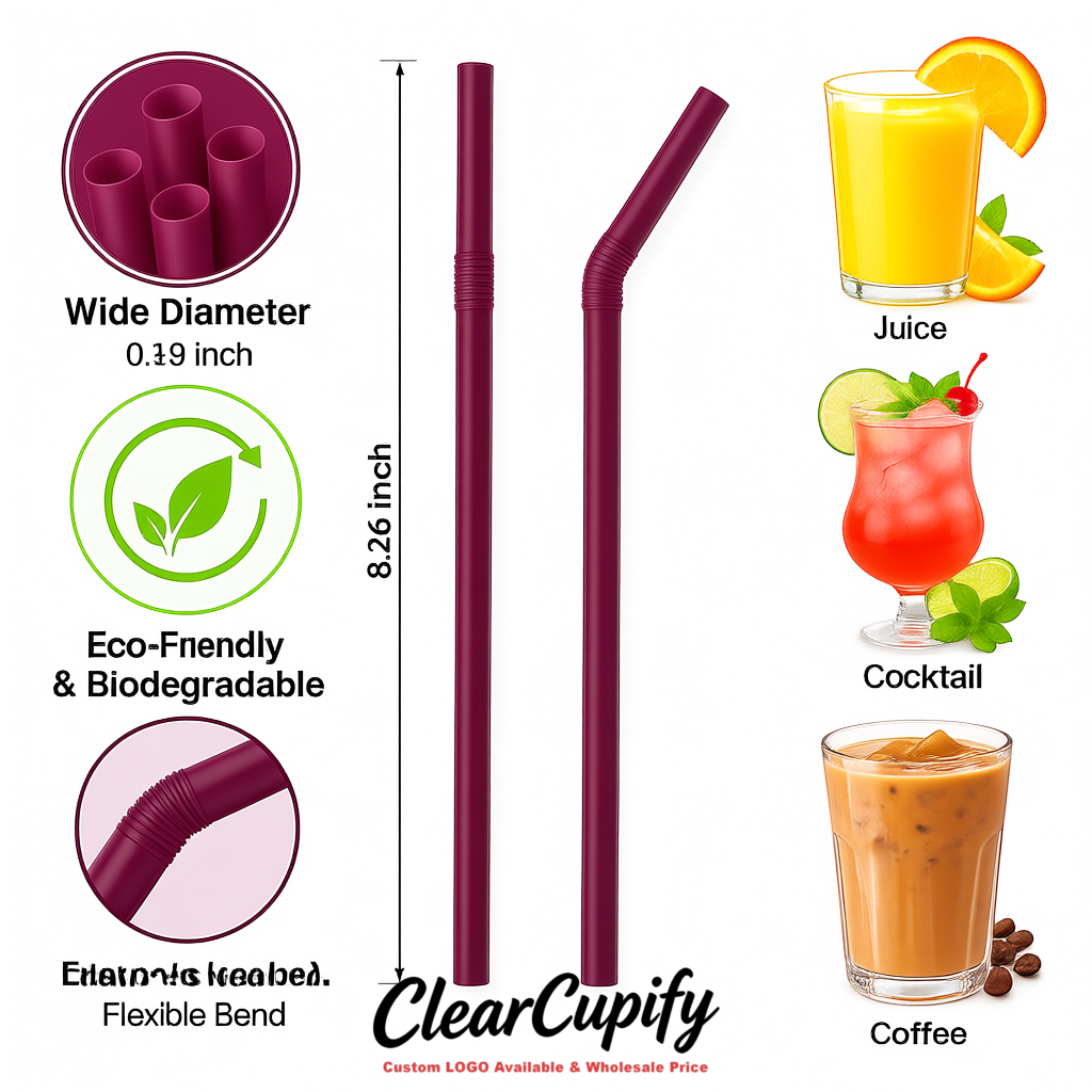 Plum Plastic Straws 8.26 x 0.2 inch Flexible Bendy Disposable Drinking Straws Supplier