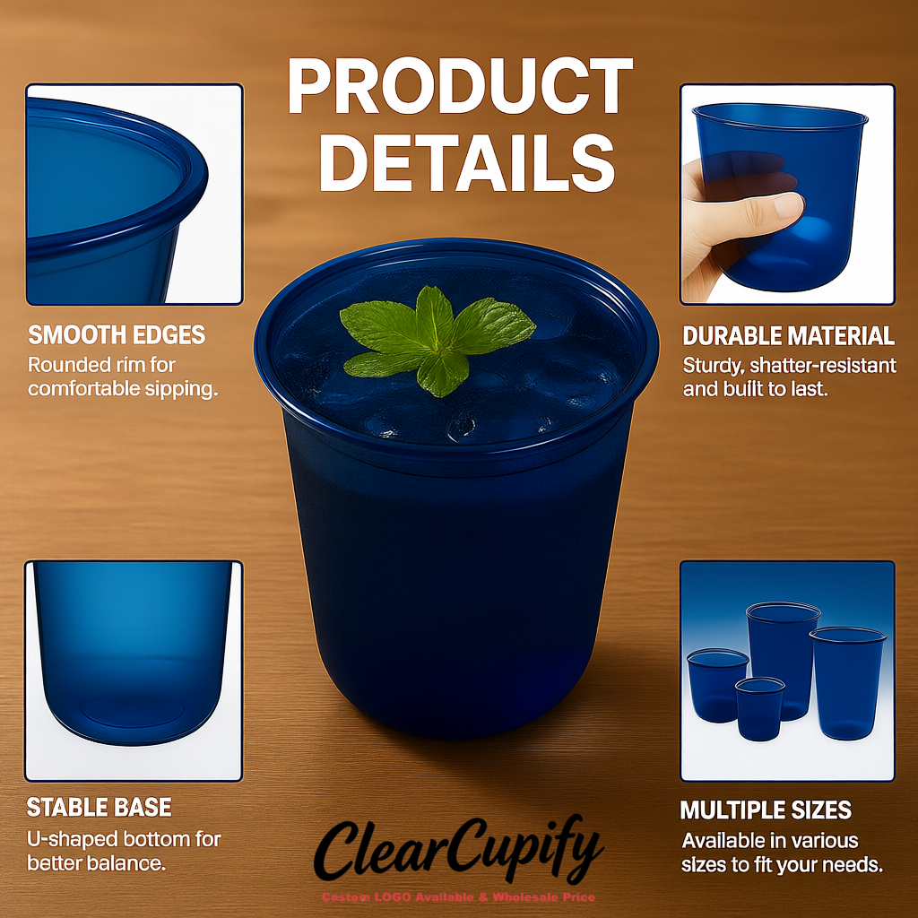 Prussian Blue U-shaped Cup with Round Bottom: Stackable & Disposable Plastic Cup