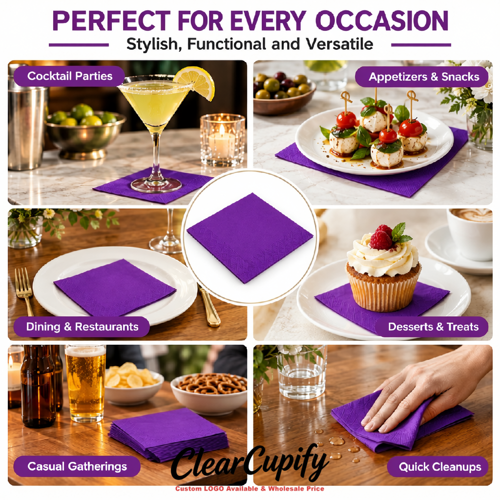Purple Napkins Paper 4.5x4.5 Inch Disposable 2-Ply Cocktail Napkins Factory