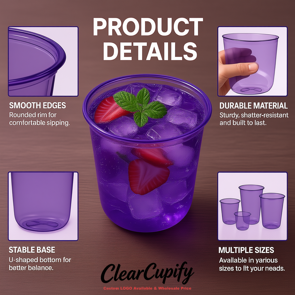 Purple U-shaped Cup with Round Bottom: Stackable & Disposable Plastic Cup