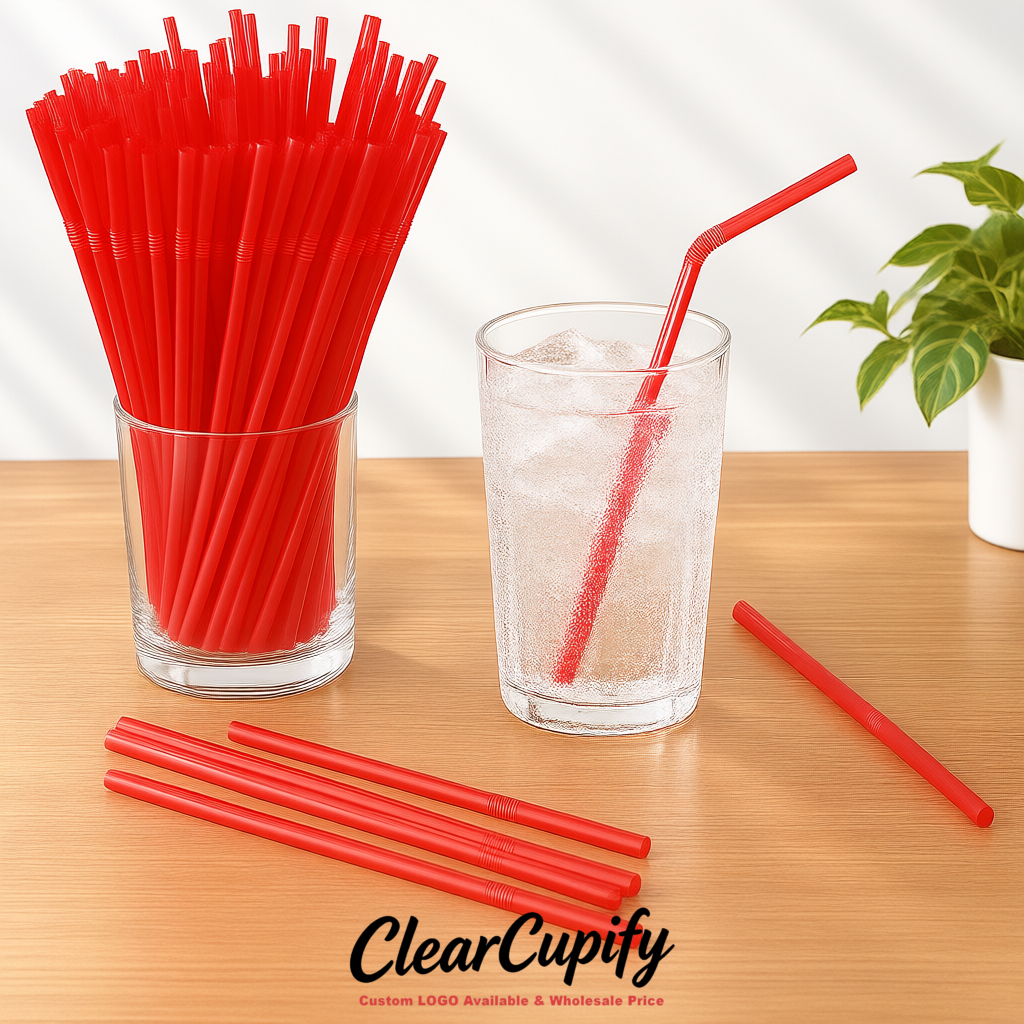 Red Plastic Straws 8.26 x 0.2 inch Flexible Bendy Disposable Drinking Straws Supplier