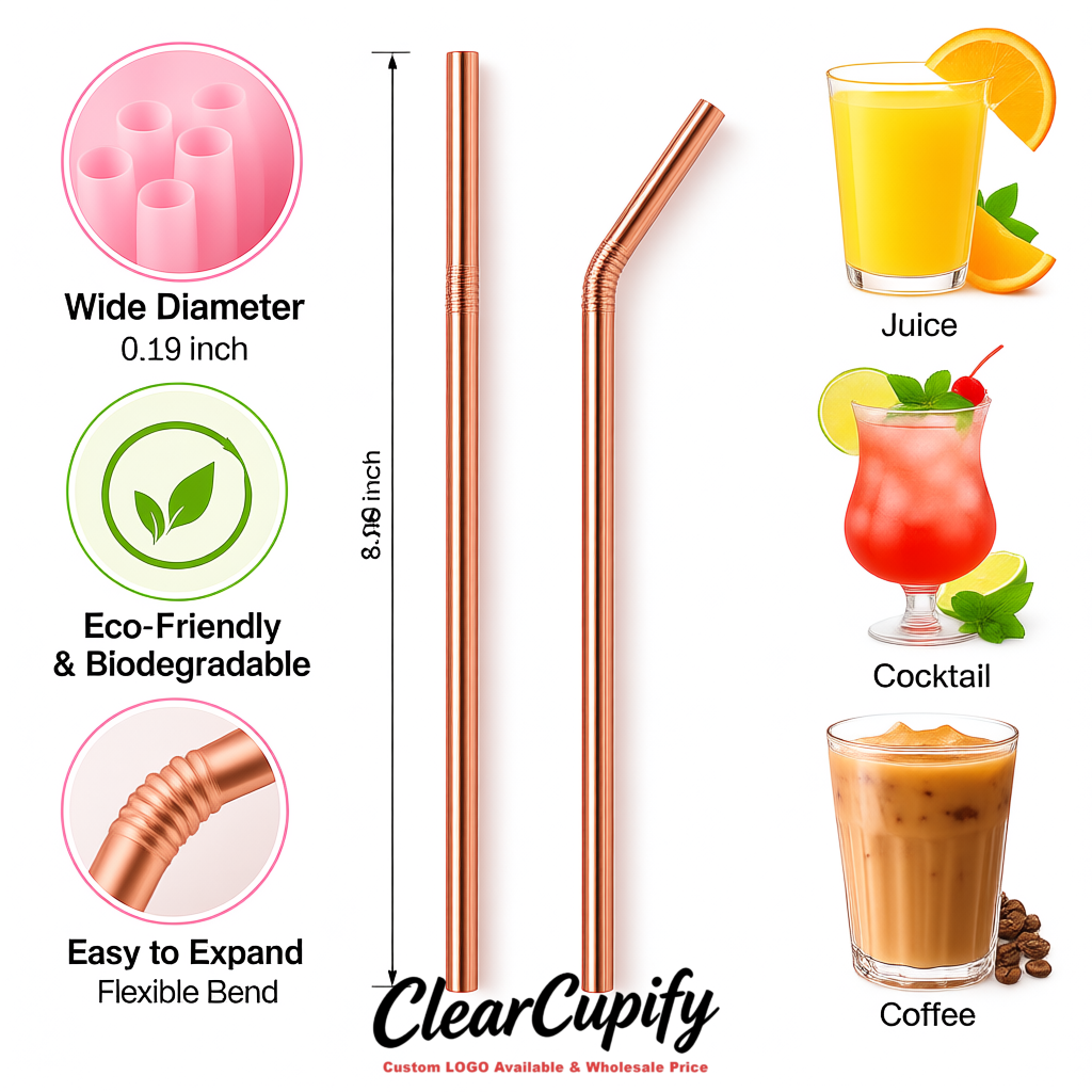 Rose Gold Plastic Straws 8.26 x 0.2 inch Flexible Bendy Disposable Drinking Straws Supplier