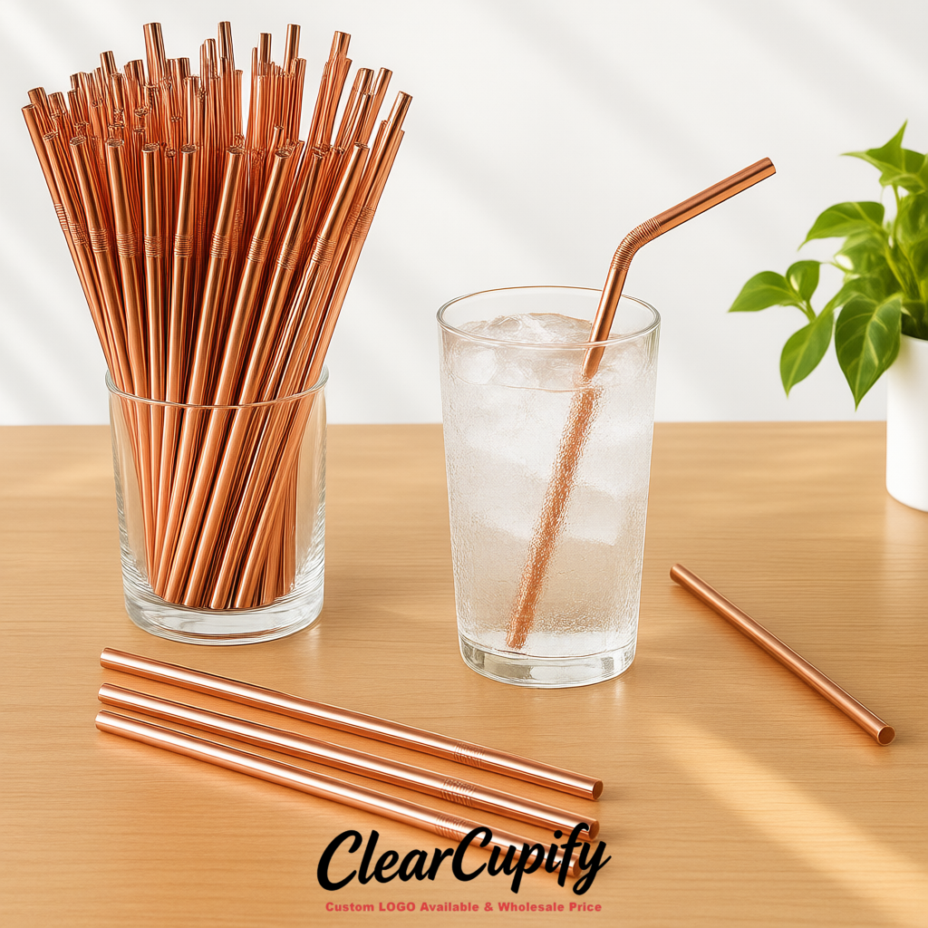 Rose Gold Plastic Straws 8.26 x 0.2 inch Flexible Bendy Disposable Drinking Straws Supplier Rose Gold Plastic Straws 8.26 x 0.2 inch Flexible Bendy Disposable Drinking Straws Supplier