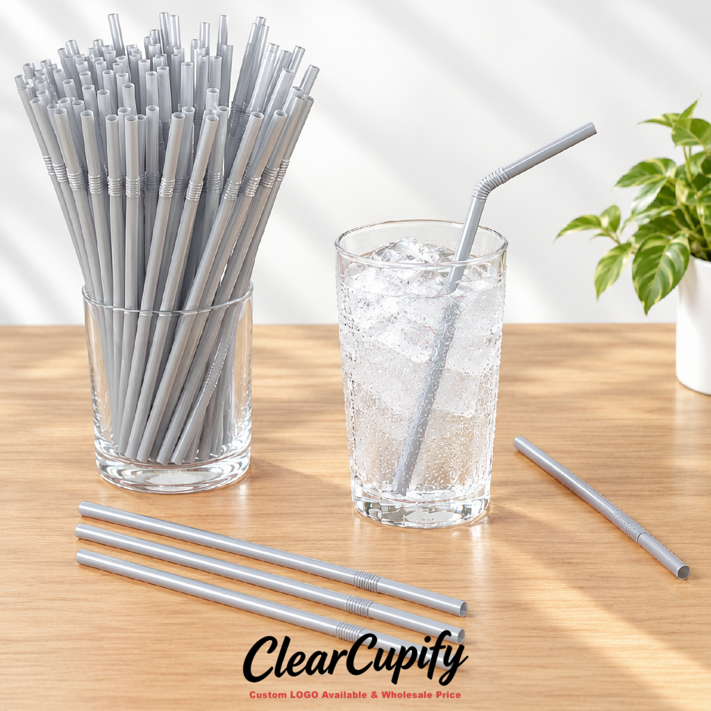 Silver Plastic Straws 8.26 x 0.2 inch Flexible Bendy Disposable Drinking Straws Supplier