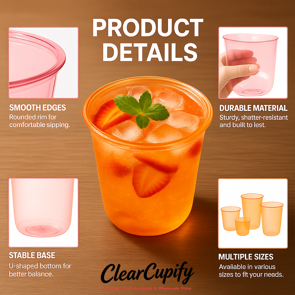 Tangerine U-shaped Cup with Round Bottom: Stackable & Disposable Plastic Cup