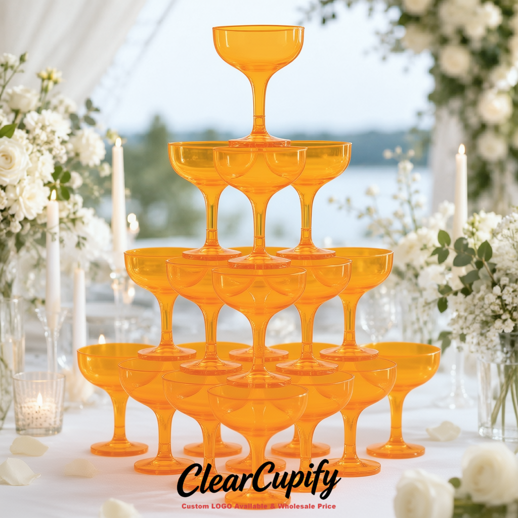 Tangerine 5oz Stackable Plastic Martini Glasses 4.13x3.14 inches/10.5x8 cm For Champagne Tower