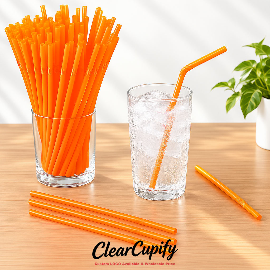 Tangerine Plastic Straws 8.26 x 0.2 inch Flexible Bendy Disposable Drinking Straws Supplier Tangerine Plastic Straws 8.26 x 0.2 inch Flexible Bendy Disposable Drinking Straws Supplier