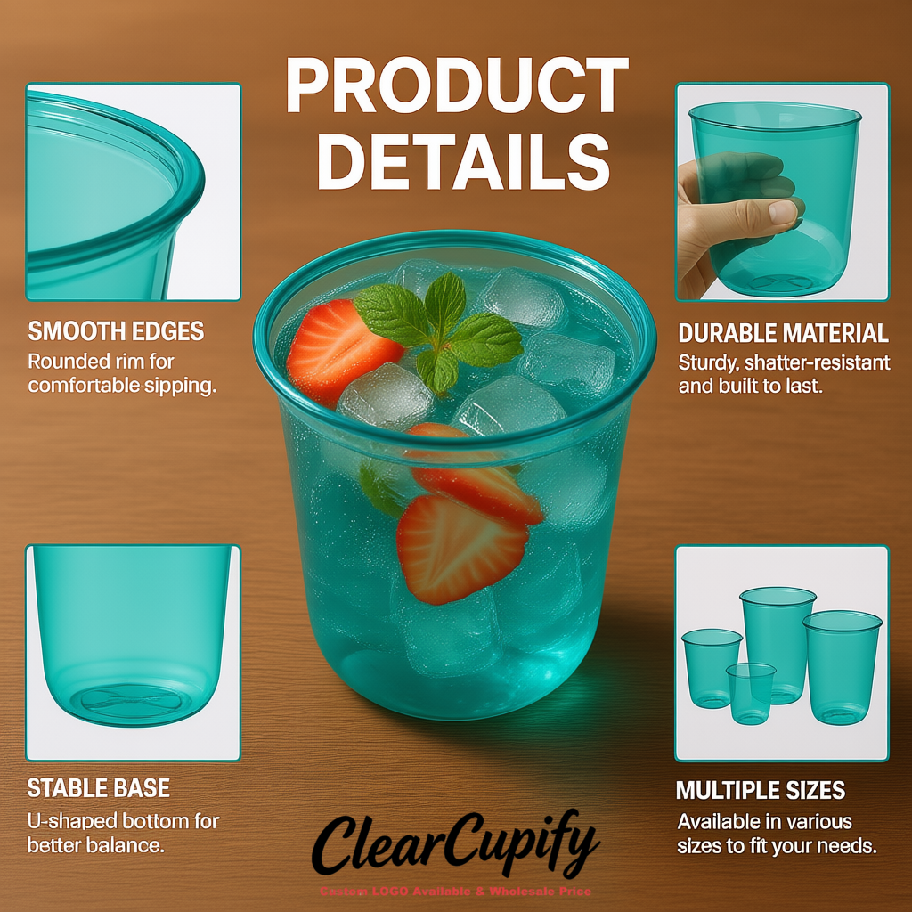 Teal U-shaped Cup with Round Bottom: Stackable & Disposable Plastic Cup