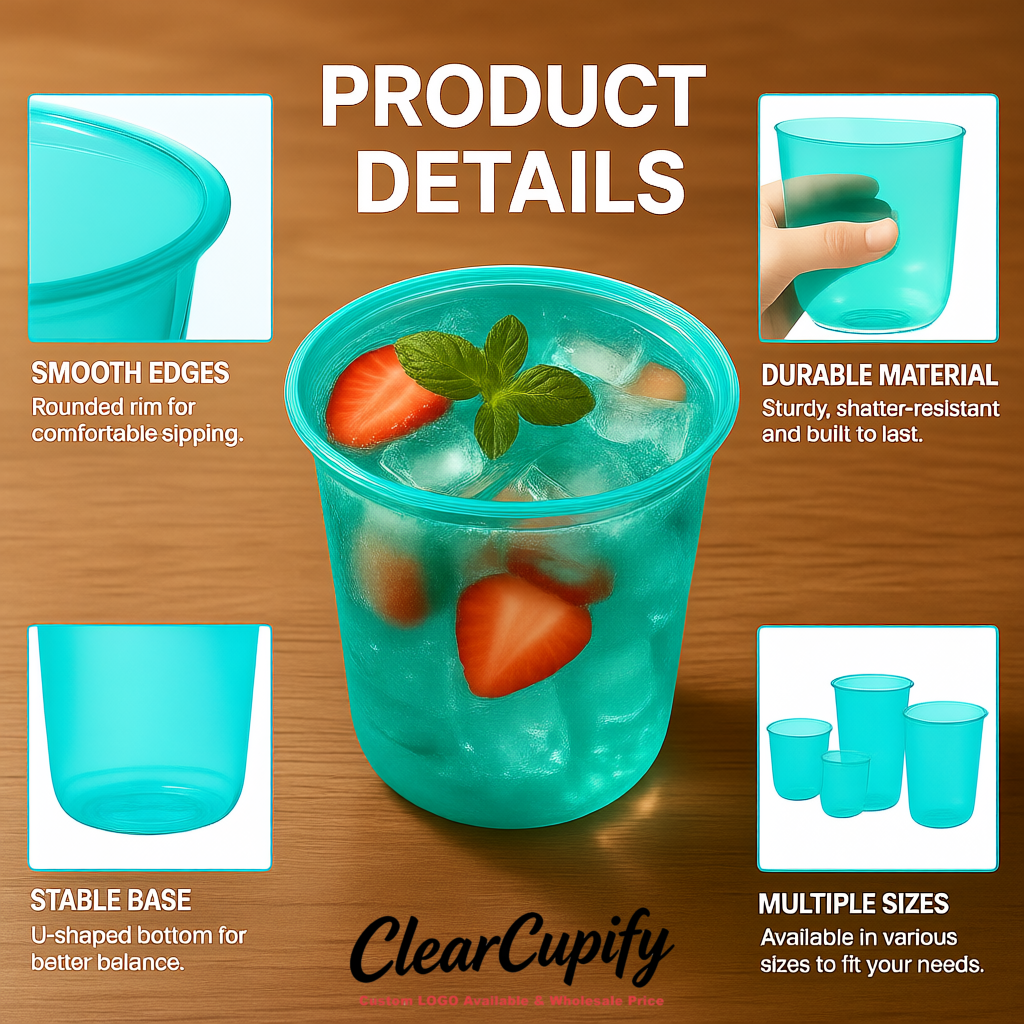 Turquoise U-shaped Cup with Round Bottom: Stackable & Disposable Plastic Cup