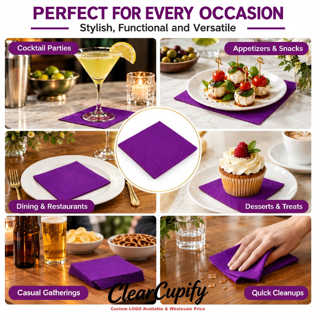 Violet Napkins Paper 4.5x4.5 Inch Disposable 2-Ply Cocktail Napkins Factory